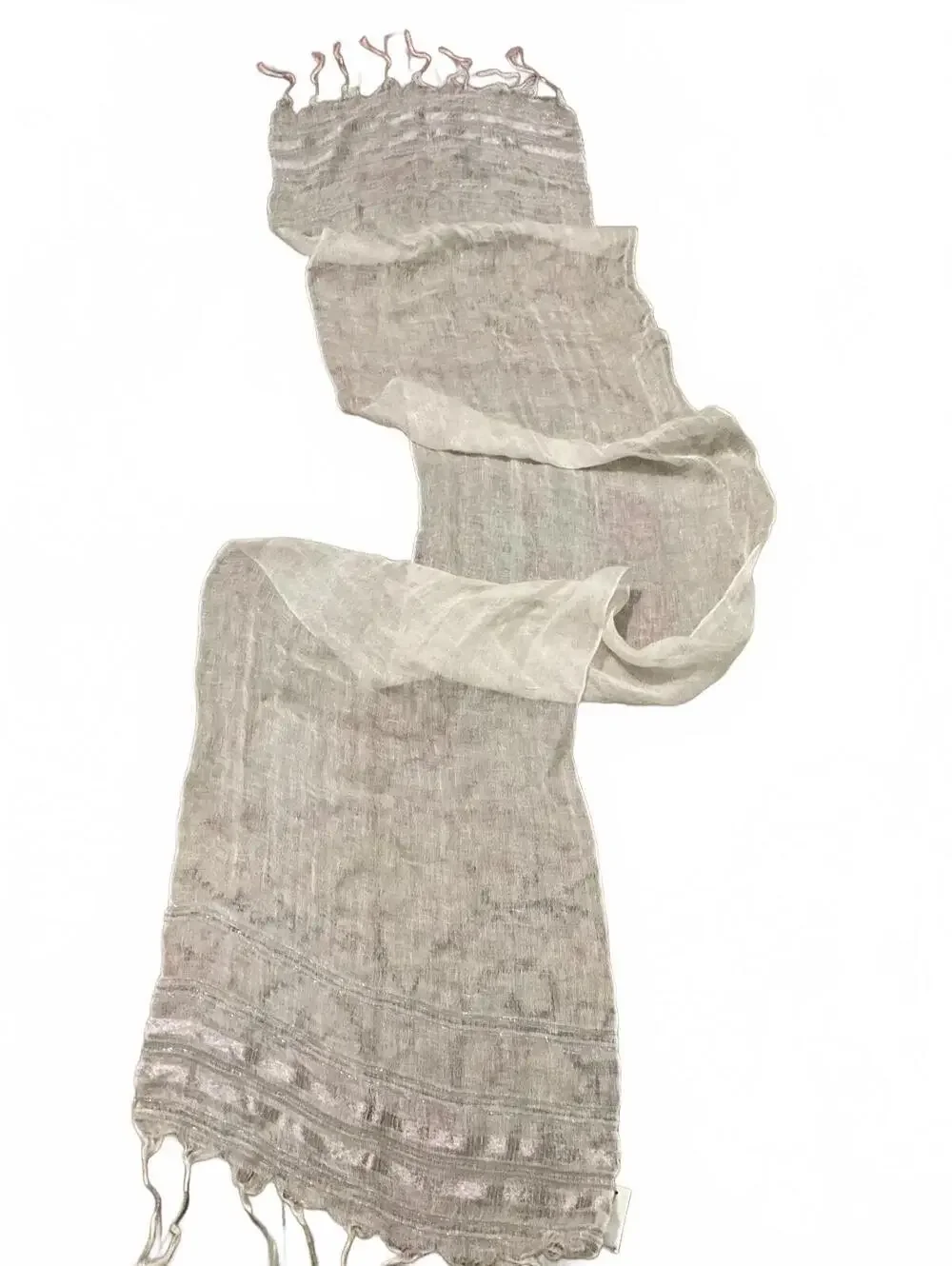 Talbots Lightweight  Linen Beige and Silver Metallic Striped Scarf with Fringe